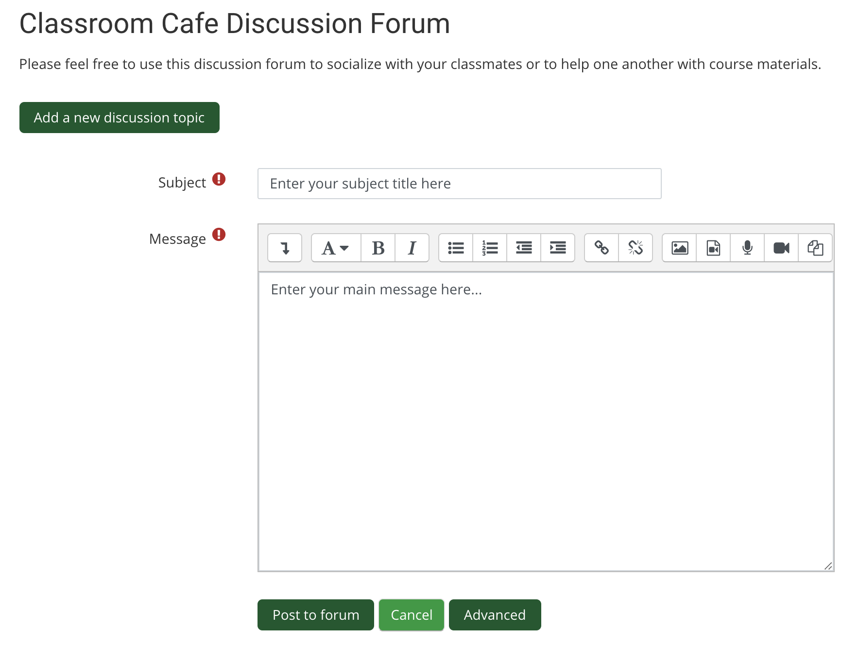 screenshot of how to post a new discussion forum