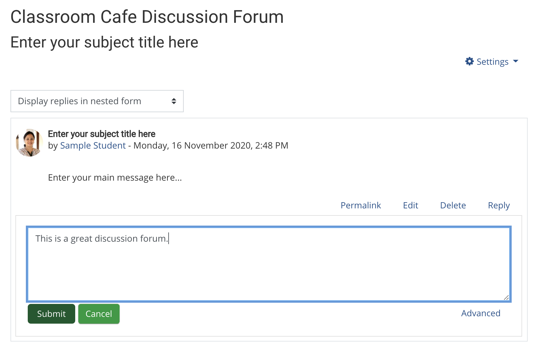 screenshot of posting a response to a discussion forum