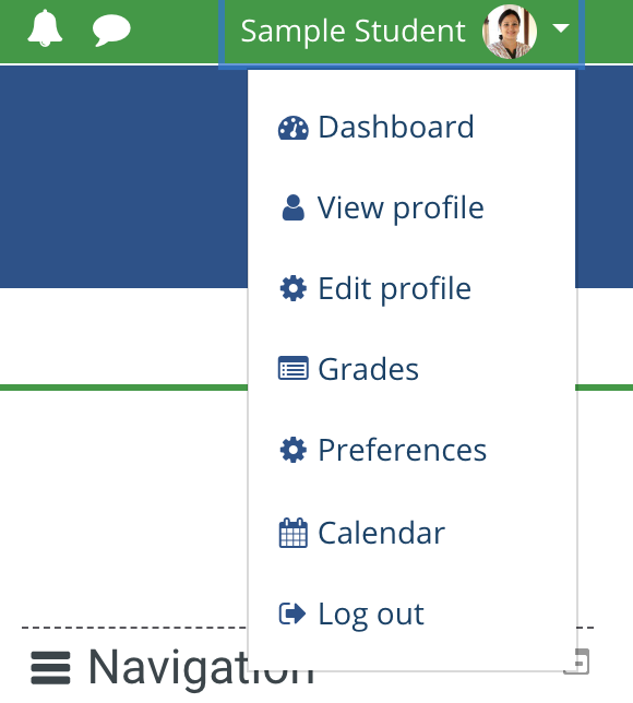 screenshot of student navigation menu in upper right hand corner of screen
