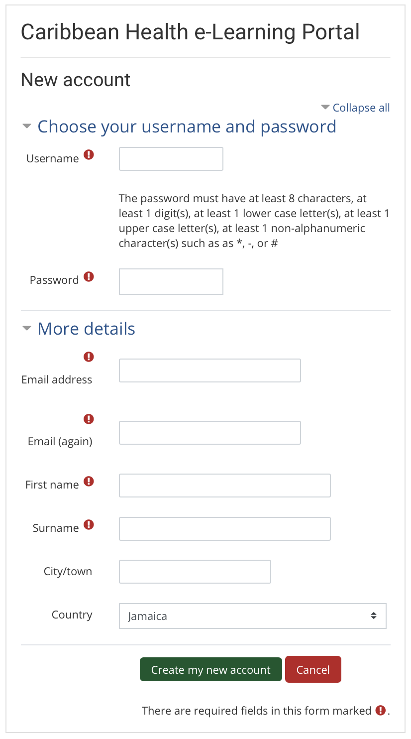 screenshot of the self-registration page