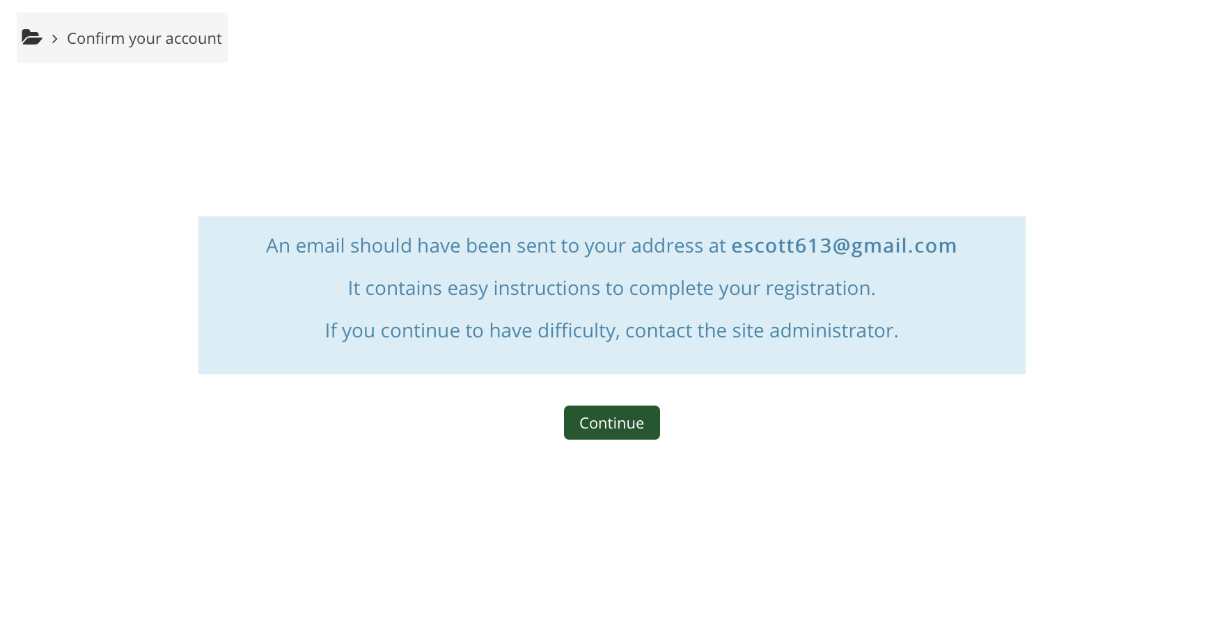 screenshot of the self-registration confirmation page.